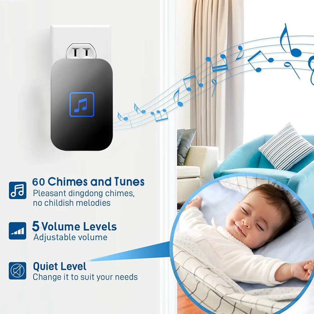 AS62 جرس الباب اللاسلكي مقاوم للماء نطاق 300 متر/مصباح ليد/جرس الباب اللاسلكي المنزلي مع جهاز استقبال واحد قابل للتعديل حجم المملكة المتحدة التوصيل