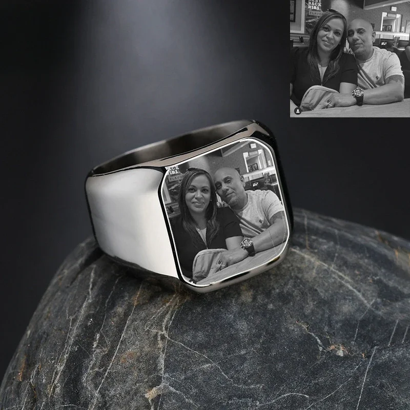 Unique Mens Signet Ring Customize with Your Own Name, Logo, or Photo in Stainless Steel for A Special Family or Wedding Occasion