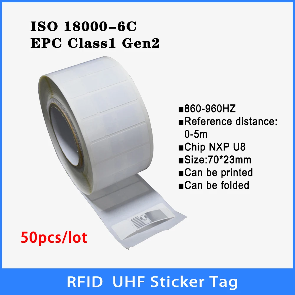 Electronic UHF RFID Tag, Etiqueta Etiqueta Tag, U8 Chip, Alta Qualidade Smart Tags, 18000-6C, 860-960MHz, 915 MHz, 50Pcs