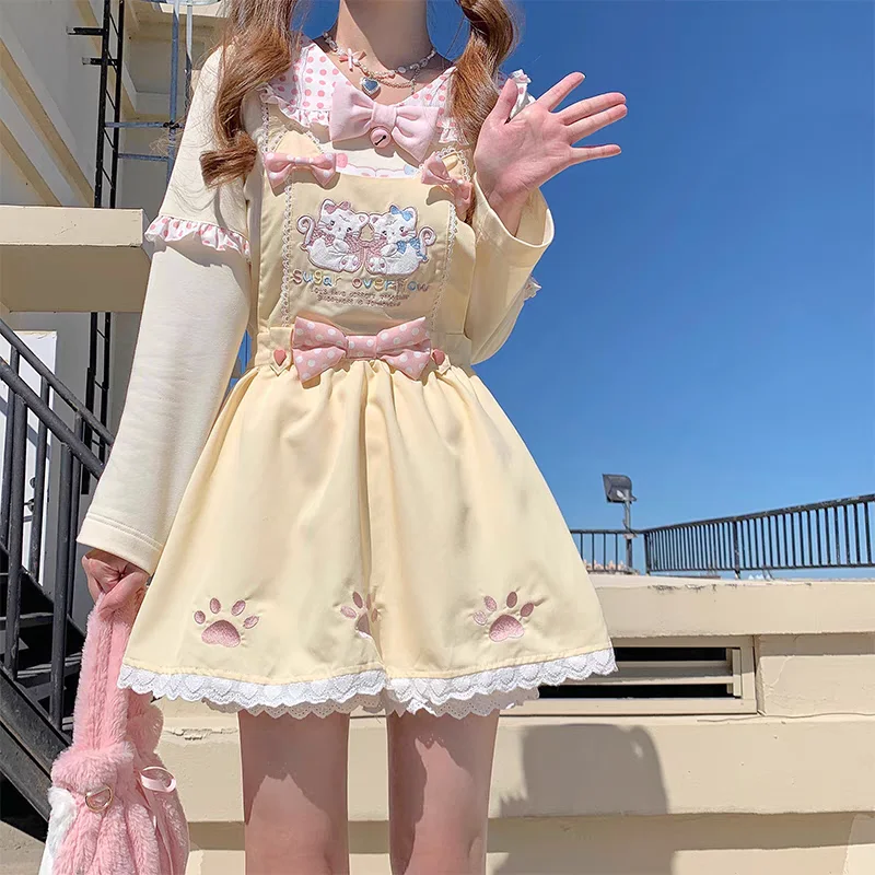 Original Kawaii Sweet Cute Daughter Dress Summer Girls Y2k Short Sleeve Cartoon Cotton T-shirt Bow Strap Dress 2 Piece Set