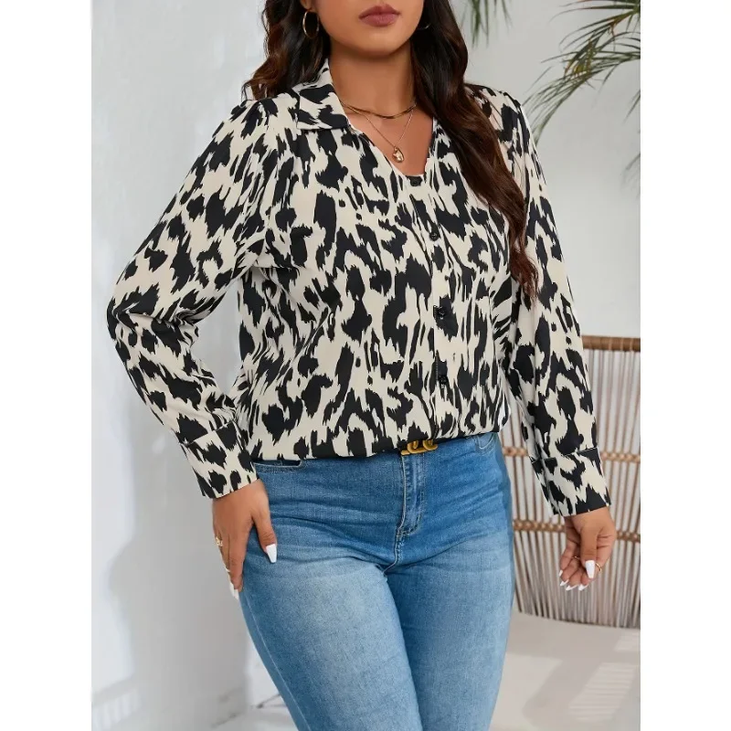 قميص نسائي مقاس كبير مطبوع كاجوال وعصري بأكمام طويلة فضفاض ومتعدد الاستخدامات