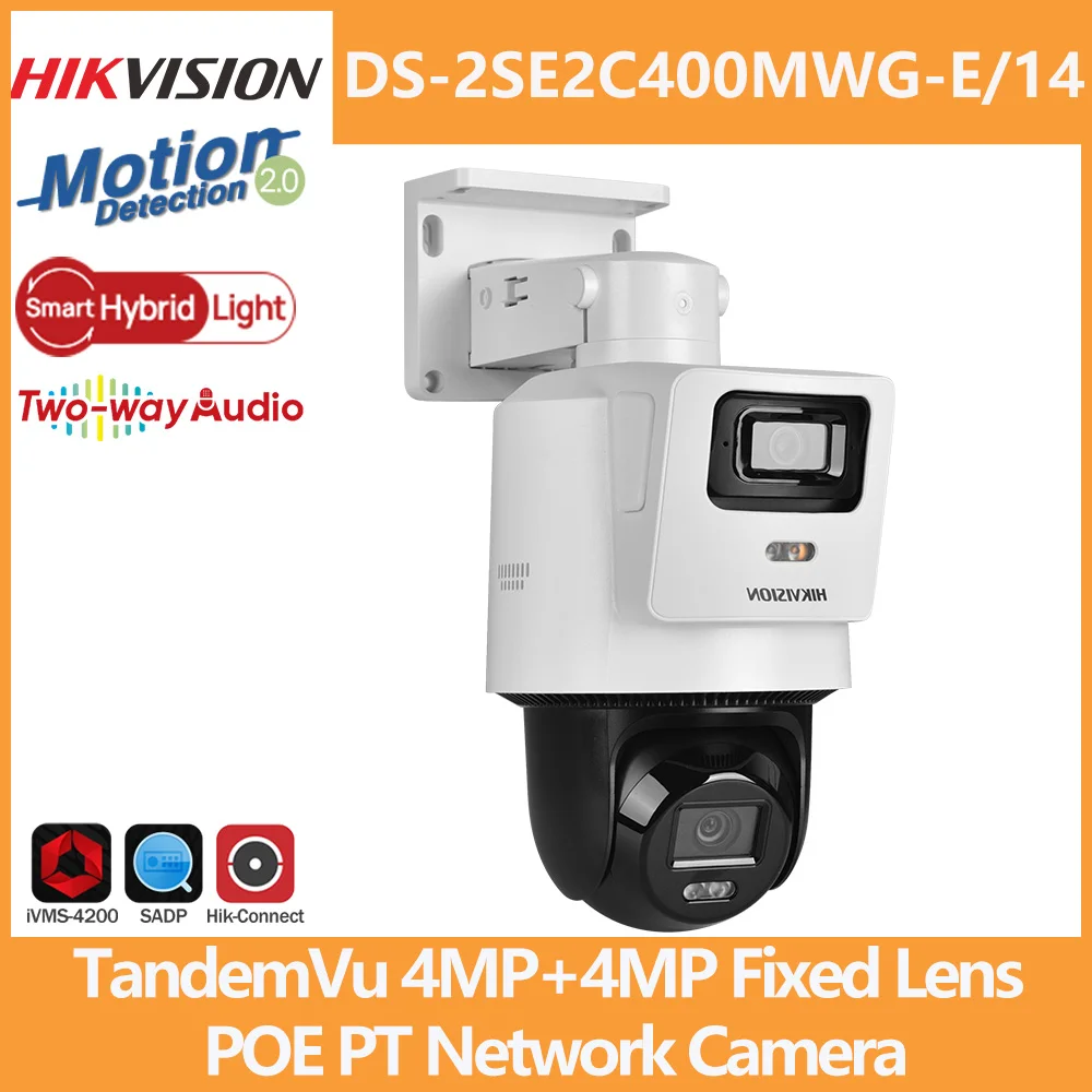 Hikvision DS-2SE2C400MWG-E/14 4MP PT-Kamera Smart Hybrid-Licht Menschenerkennung TandemVu 4MP+4MP POE-Kamera mit eingebautem Mikrofon und Lautsprecher
