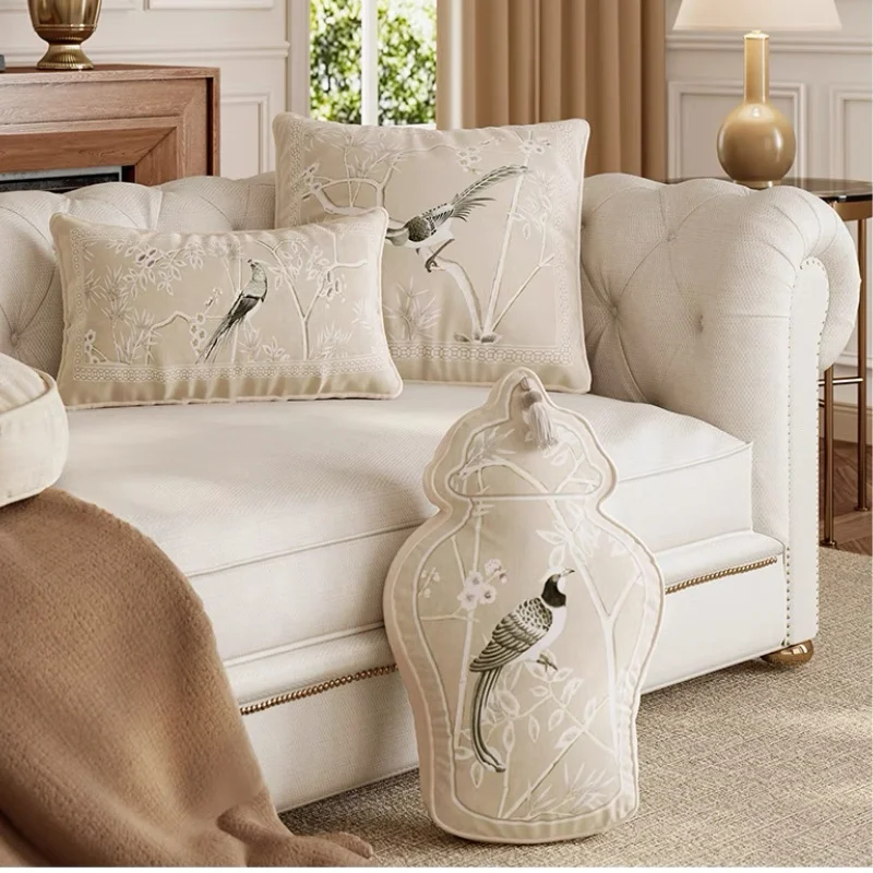 

Flora Birds Pillows Retro Chinese Ivory Cushion Case Luxury Velvet Vase Shape Decorative Pillow Cover For Sofa Chair Home Decor