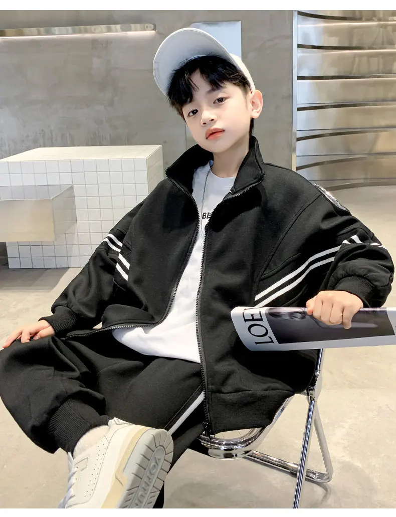 Teenager-Jungen-Bekleidungsset Kinder-Trainingsanzug Schwarz Grau Baumwolle Lose Oberteile Hosen Kinder-Outfits Jungen-Sportbekleidung 4 5 6 7 8 10 12 14 Jahre – Detail 5