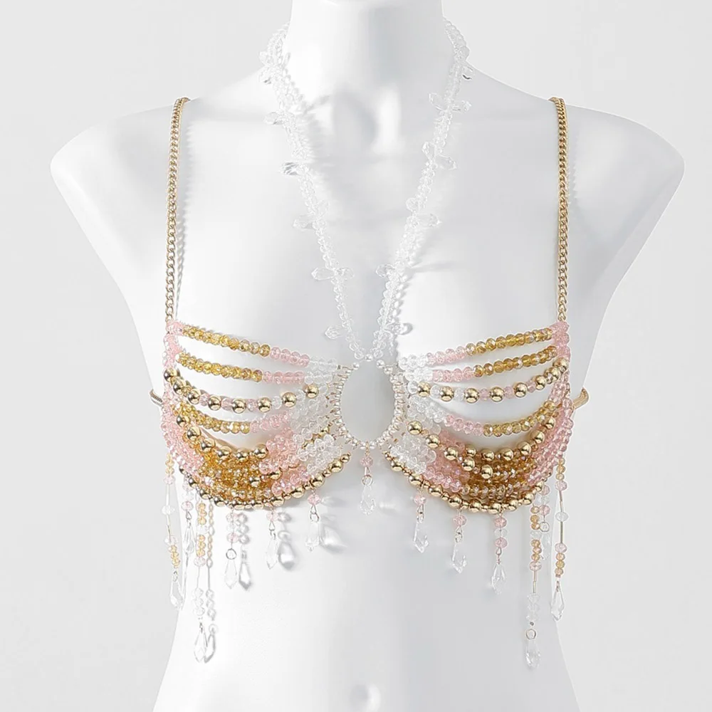 Handmade Festival Outfit Bikini Accessories Women Crystal Cover up Beaded Bralette Body Jewelry Top Beads Harness Chain Bra