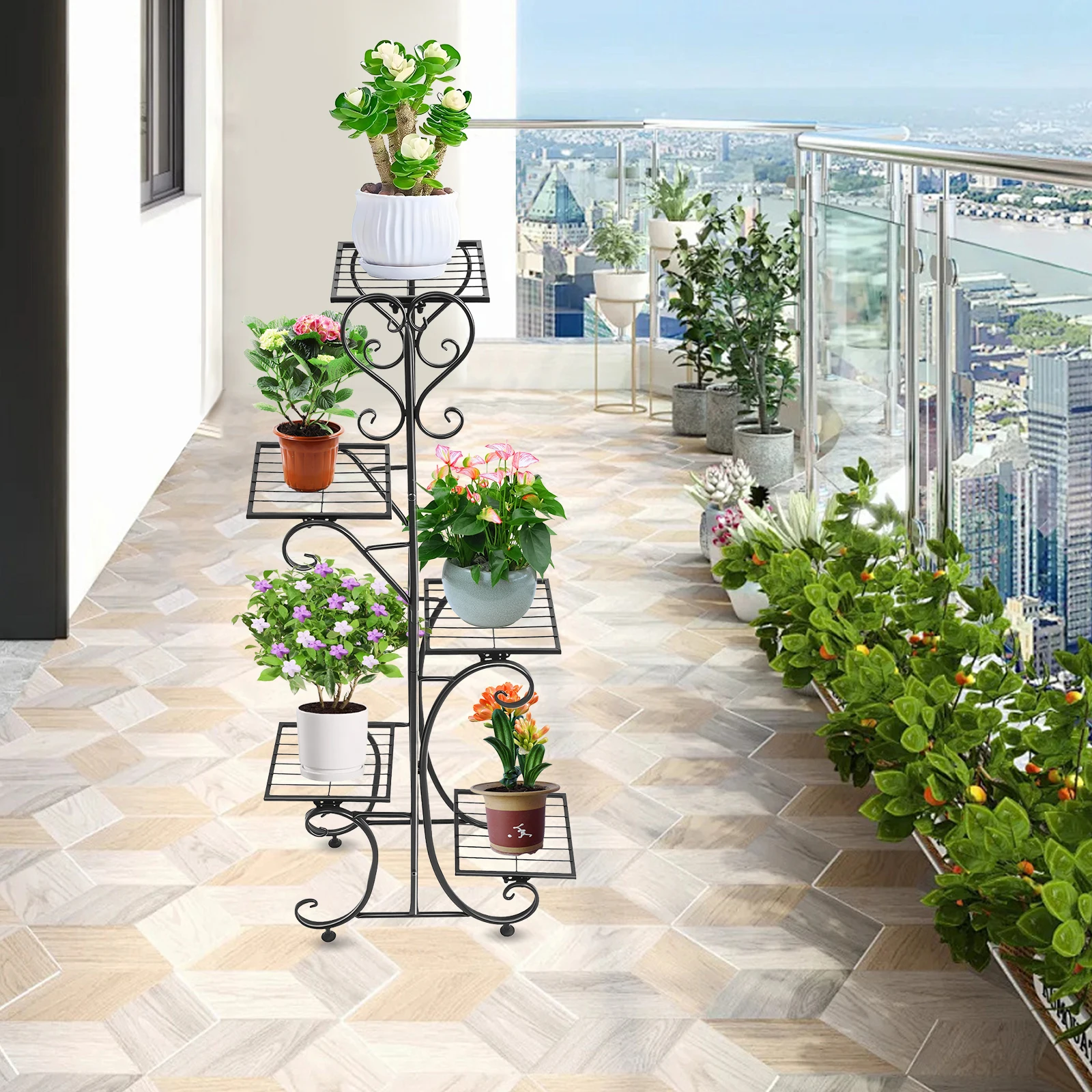 

Flower Pot Stand 5-Tray Flower Stand 5-Tier Plant Rack with Square Trays Flower Pots Display Holder Plant Rack Iron Black
