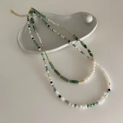 Minar Dainty Green Natural Stone Strand Beaded Necklace Crystal Simulated Pearl Beads Chokers Necklaces for Women Pendientes