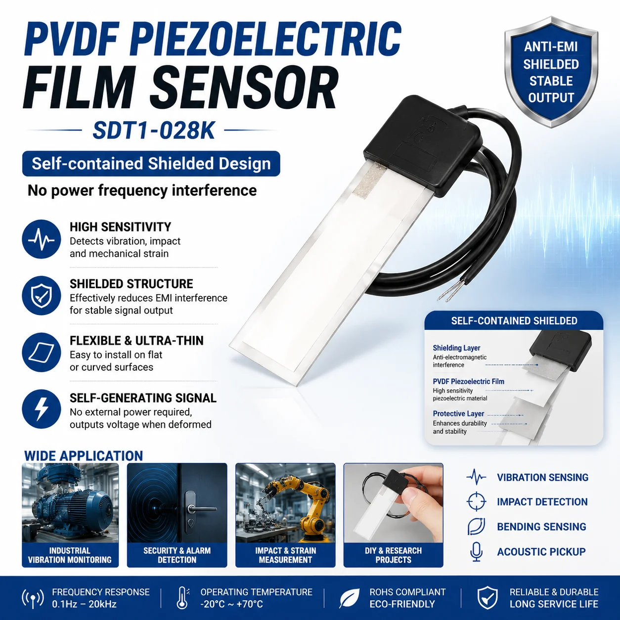 1PC Piezoelectric film PVDF No power frequency interference Self-contained shielded piezoelectric film sensor SDT1-028K
