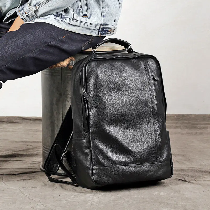 Mochilas de cuero genuino 100% suave, mochila informal de cuero de vaca para hombre, bolsa de viaje, mochila de diseño clásico negra