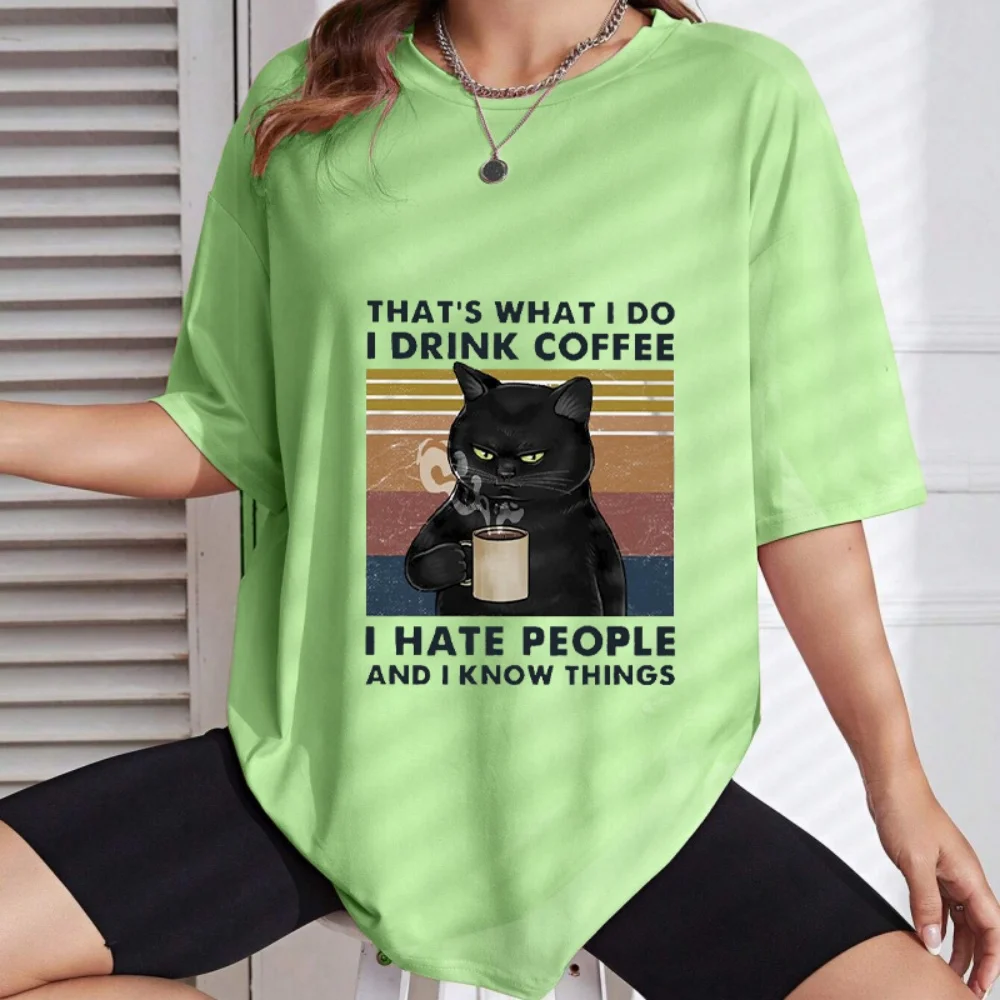 Retro gestreifter Vinyl-Aufkleber mit der Aufschrift „Ich trinke Kaffee, ich hasse Menschen“, schwarze Katze, waschbarer Bügeltransfer-Aufkleber