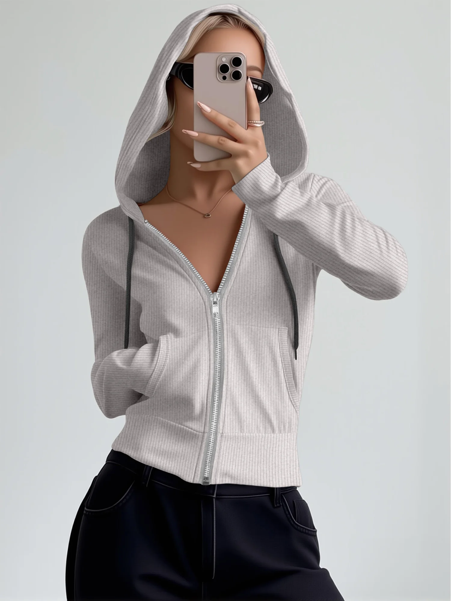 Spring Autumn Women Hooded Knit Cardigan Full Zip Drawstring Long Sleeve Slim Outerwear