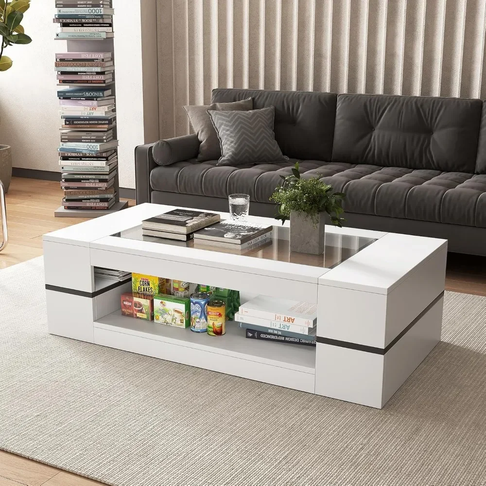 Contemporary 47.2 Inch Rectangular Glass Top Coffee Table with Storage for Large Living Rooms and Two-tier Design