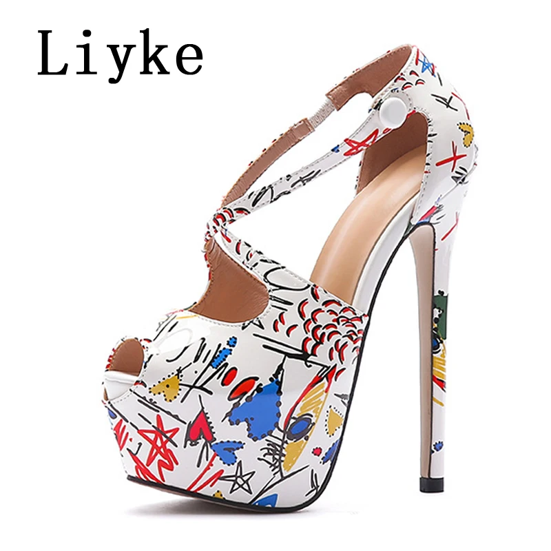 Liyke Sexy Peep Toe Super High Heels For Ladies Chic Buckle Strap Fashion Hand-Painted Leather Platform Shoes Women Pumps Sandal