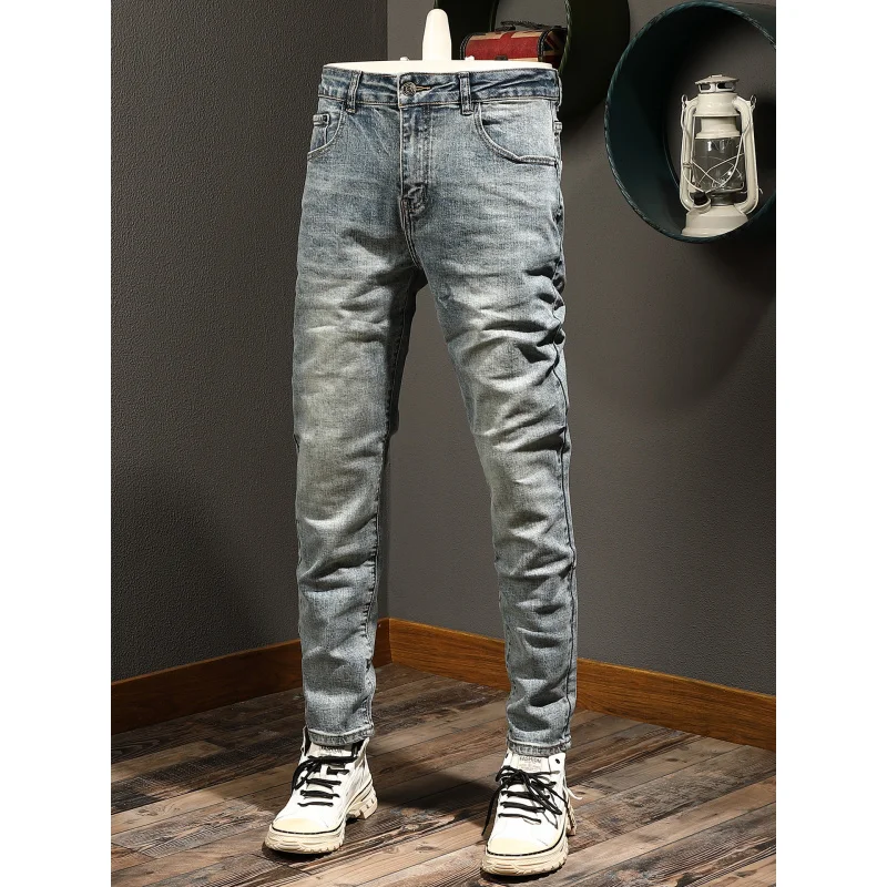 

Autumn street fashion retro jeans men's trendy brand simple vintage stretch slim fit small feet nostalgic light blue pants
