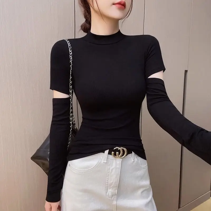Sexy Rollkragenpullover mit Aussparungen, Langarm-T-Shirt für Damen, Einfarbiges Basic-Oberteil, Hochgeschnittenes, Gewaschenes Y2K-Top in Schwarz und Grau – Detail 3