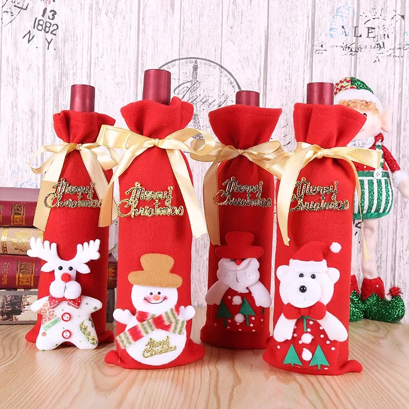 Cartoon Dining Table Santa Claus Red Wine Bottle Cover New Christmas Flannel Wine Cover Wine Bottle Bags Christmas Supplies