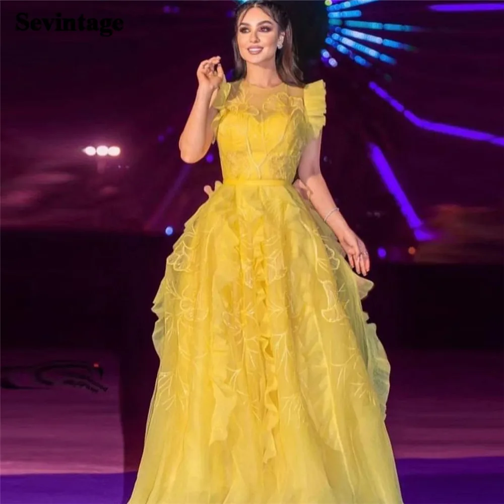 

Sevintage Fairy Yellow Formal Prom Gowns O-Neck Organza Cape Sleeves Ruffles Floor Length Evening Party Dress Event Dress 2024