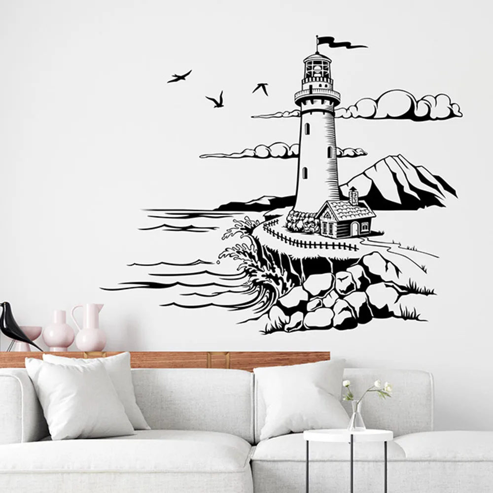 Autocollant mural de dessin animé phare au bord de l'oiseau de mer, décalcomanie de voyage, décor de salon, aventure de chambre à coucher, exploration