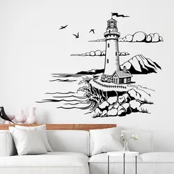 Cartoon Lighthouse By The Sea Bird Travel Wall Sticker Bathroom Bedroom Adventure Explore Wall Decal Living Room Decor