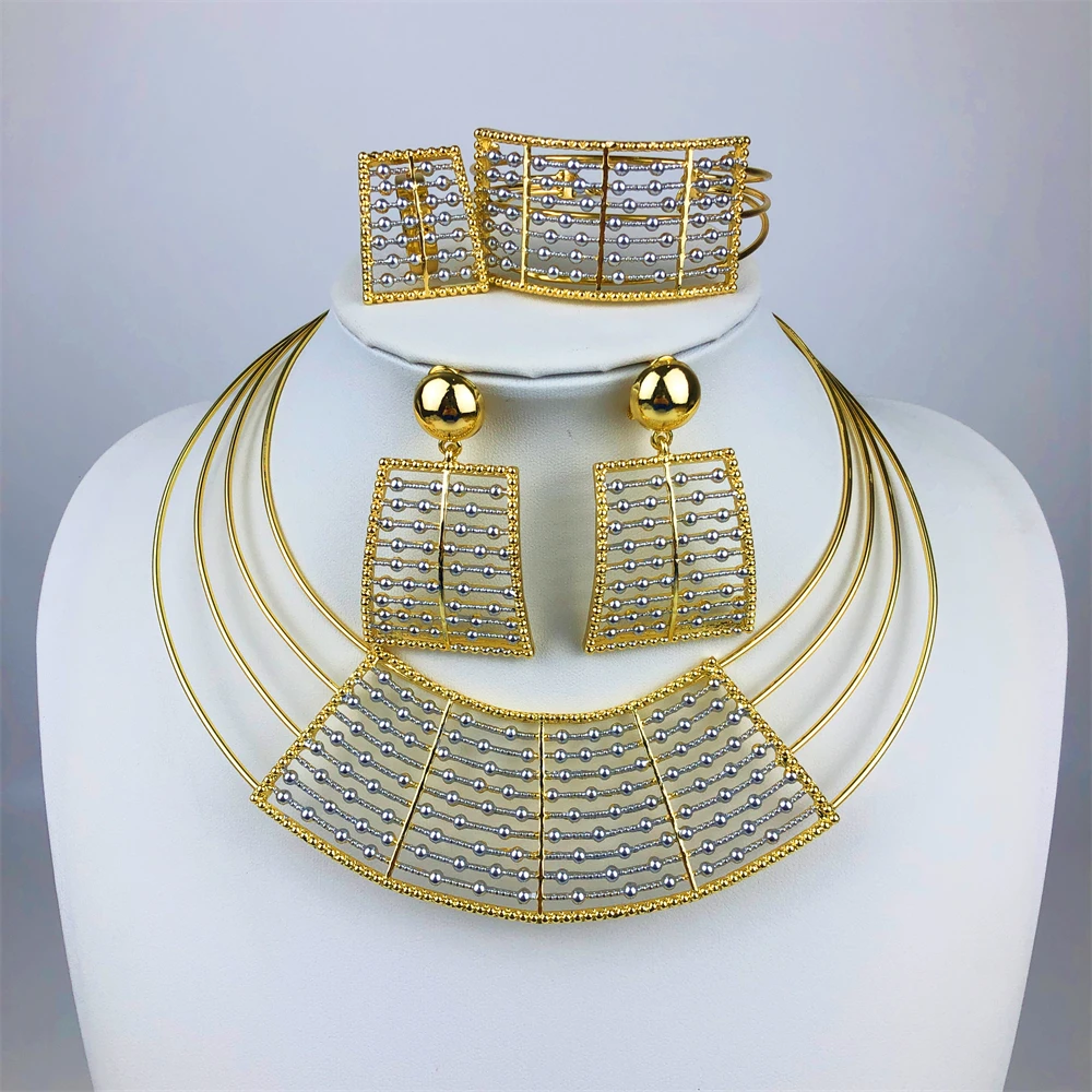 Geometric Two Tones Collar 4Pcs Jewelry Set for Women Chunky Necklace Drop Earrings Bracelet Ring Bridal Wedding Party Gifts