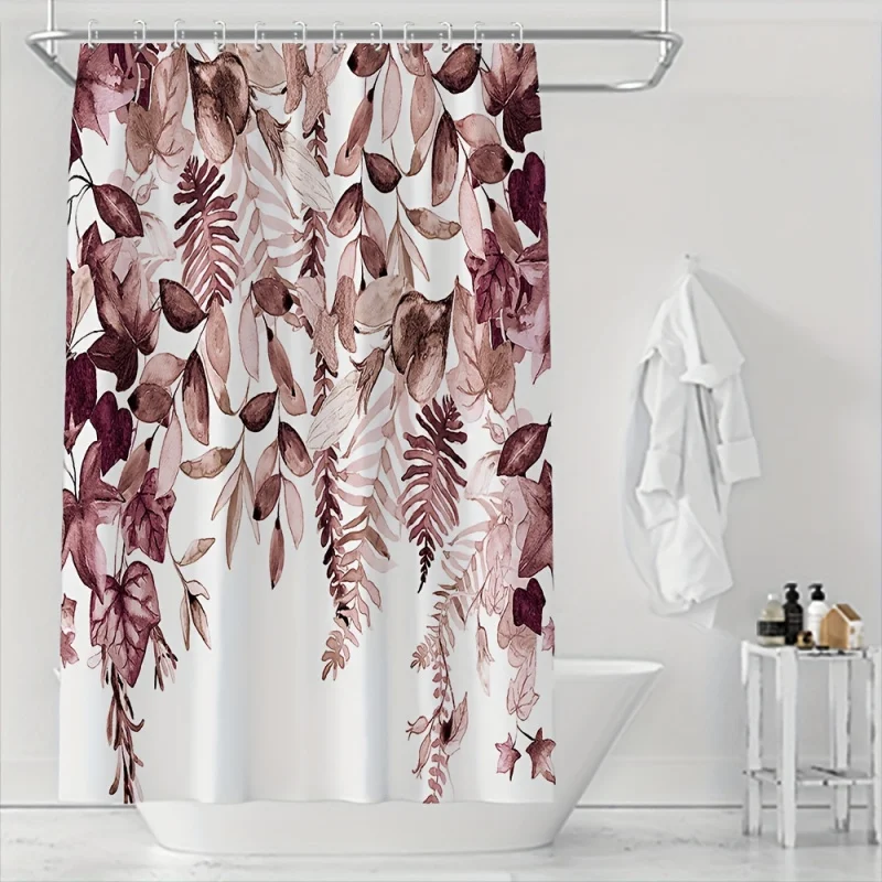 Watercolor Leaf Design Shower Curtain - Waterproof Polyester, Machine Washable with Hooks Included - Perfect for All Seasons & H