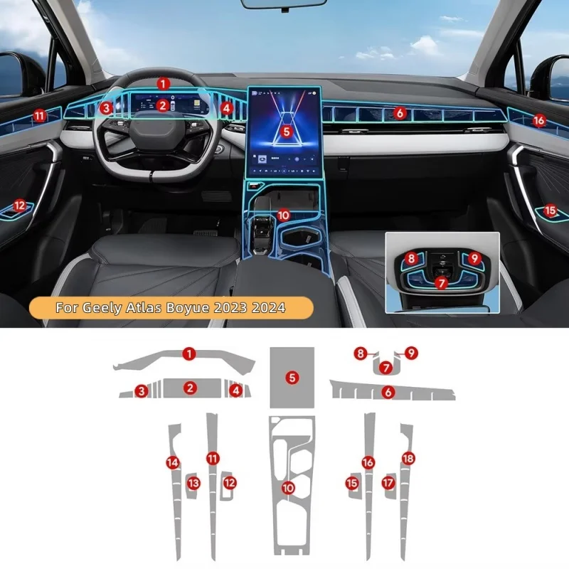 

Внутренняя пленка из ТПУ для Geely Atlas Boyue 2023 2024, наклейка на центральную консоль, шестерня, навигатор, дверные аксессуары, прозрачная защита