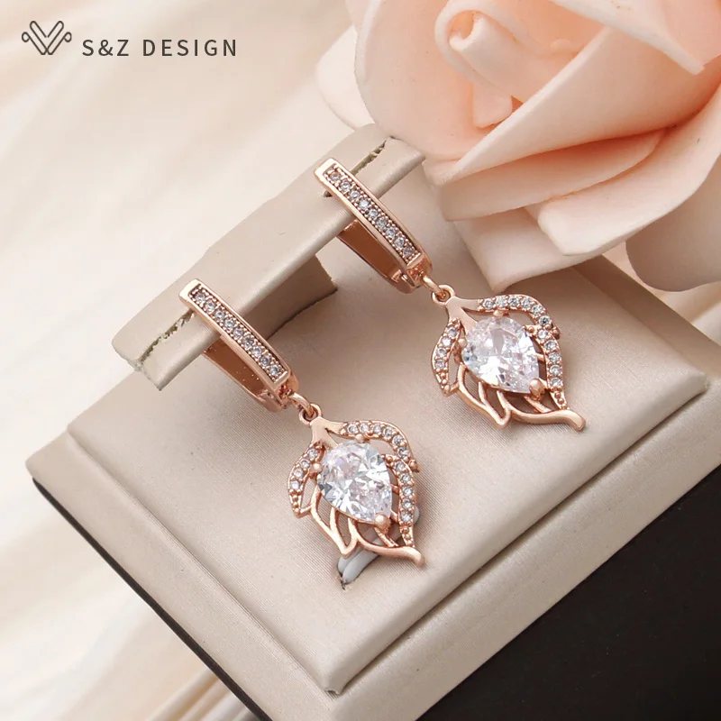 

S&Z DESIGN New Fashion Water Drop Cubic Zirconia Hollow Out Leaf Dangle Earrings For Women Trendy 585 Rose Gold Color Eardrop