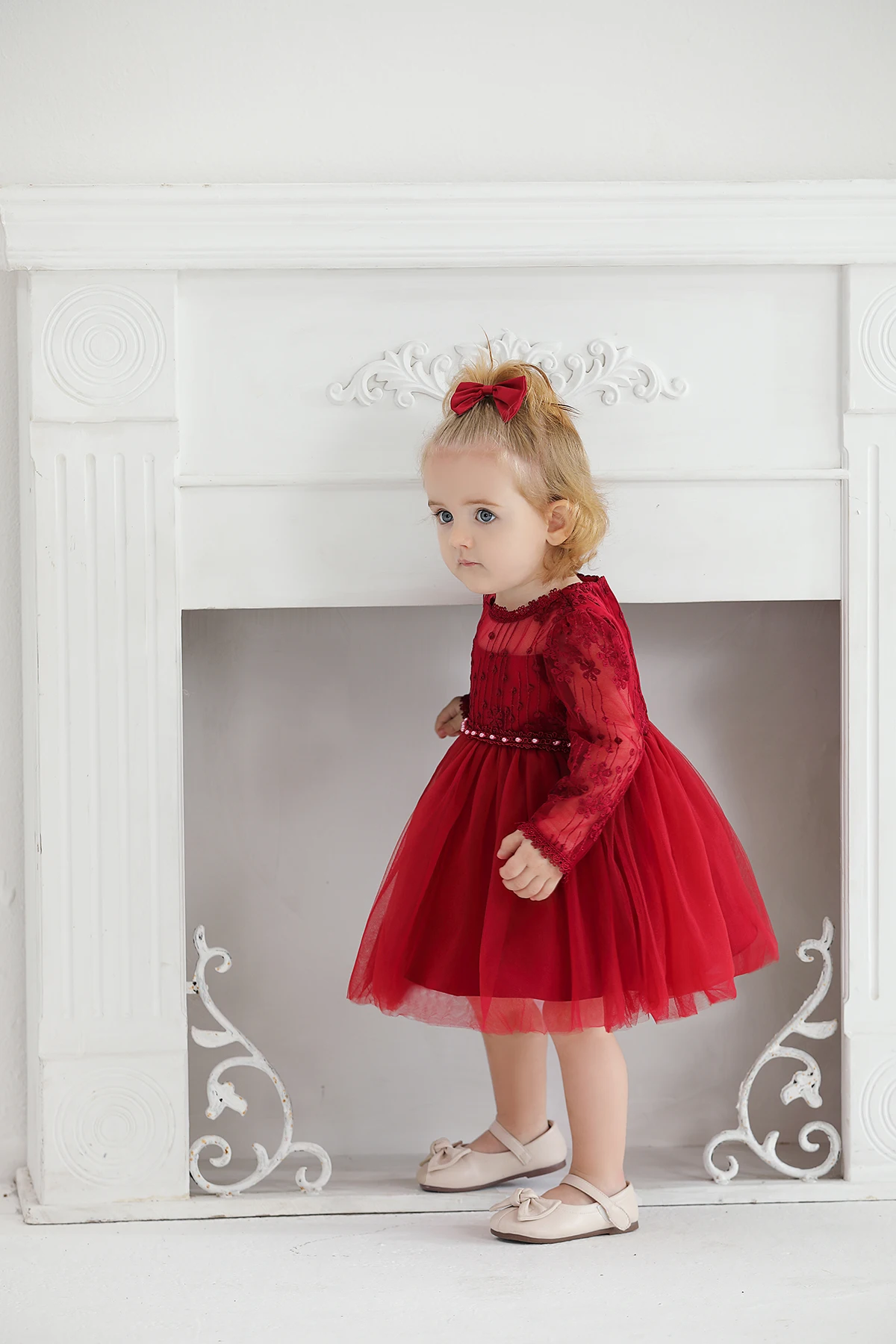 Girls Christening Gown Red Lace Baby Tulle Long Sleeve Dress Wedding Birthday Tutu Formal New Year Party Clothes 0 1 2 Years