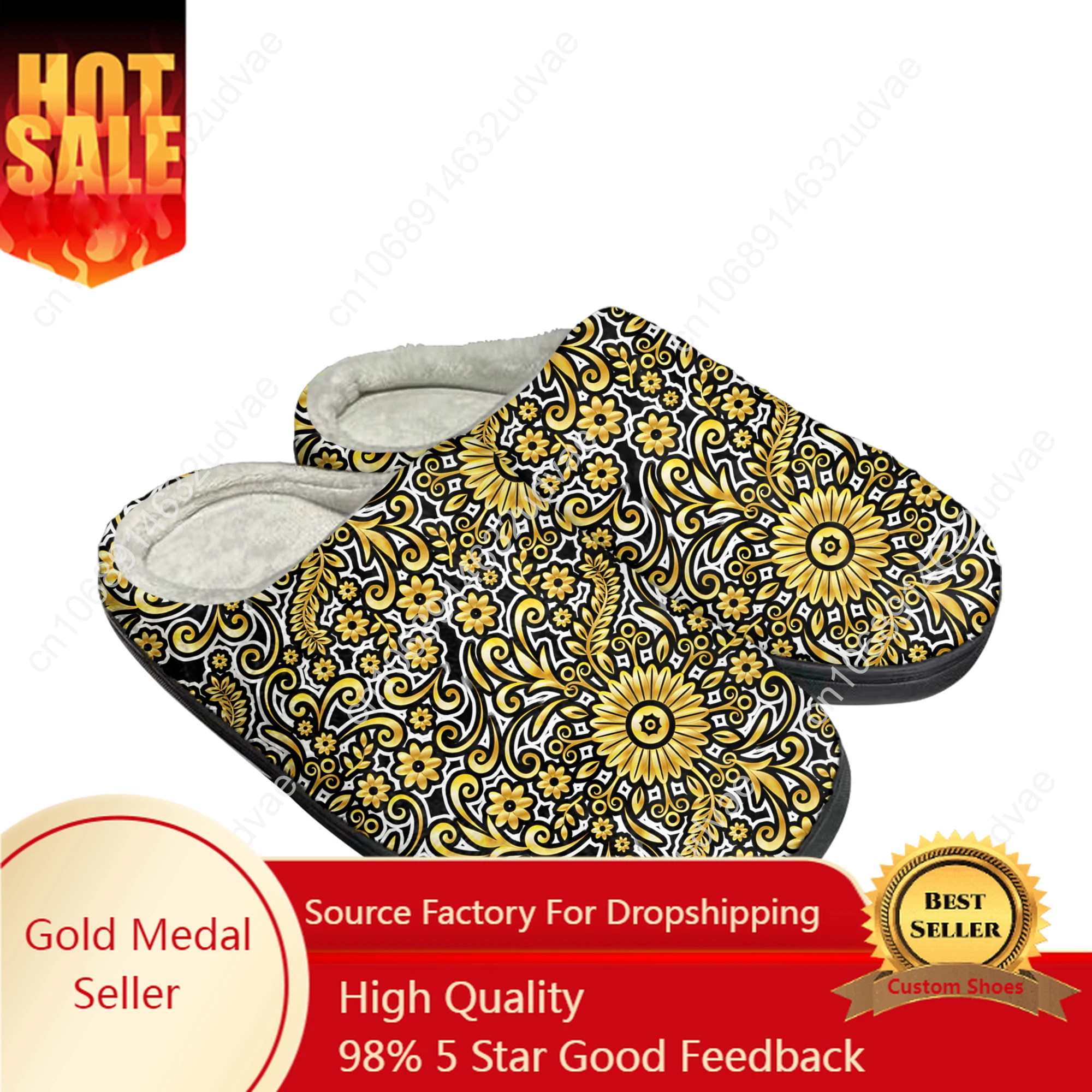 

Luxury Golden Floral Prints Home Cotton Custom Slippers Mens Womens Plush Baroque European Keep Warm Shoes Thermal Slipper