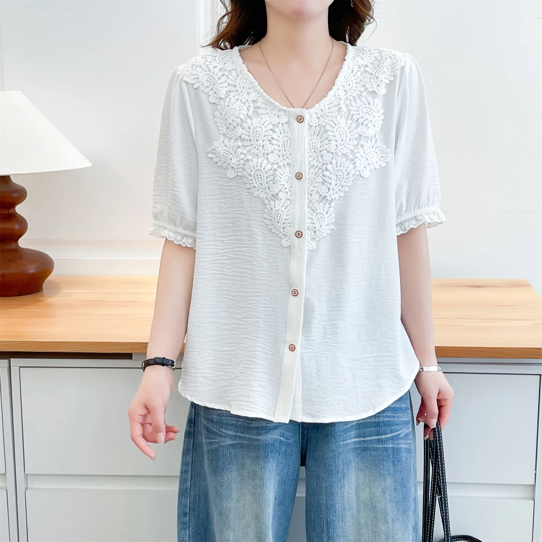 2026 Summer New Plus Size Ice Silk Blouse Short Sleeve Lace Patchwork Open Front Cardigan Loose Oversized Shirt For Women view 2