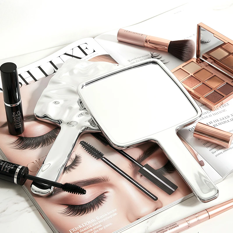 مرآة زينة كلاسيكية بمقبض، مرآة يد مكياج فضية للسفر للنساء، إطار مزخرف بتصميم جمالي محمول باليد