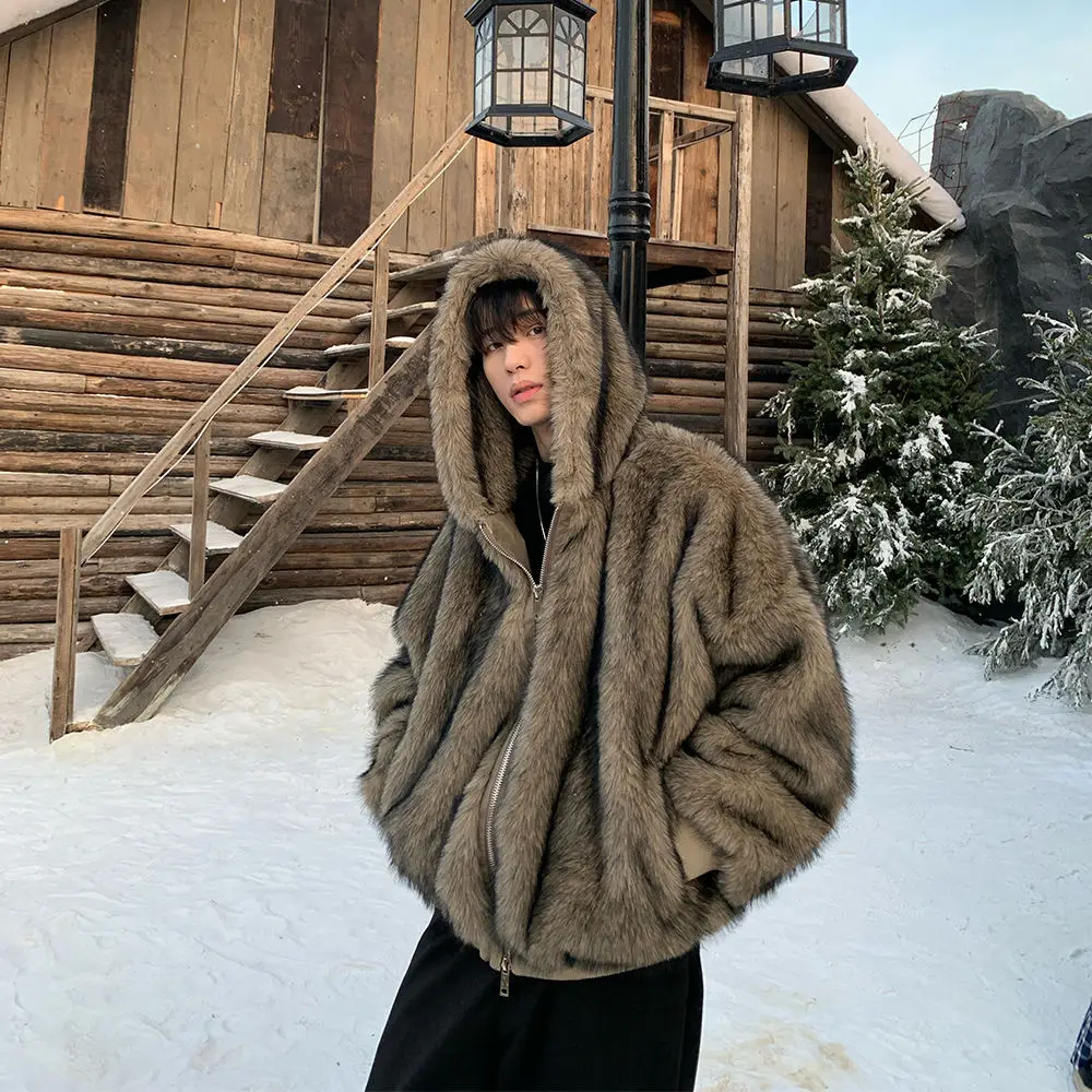 معاطف رجالية من الفرو الصناعي سترات بقلنسوة وسحاب معطف سميك ملابس الشارع الشهير سترة غير رسمية بأكمام كاملة ملابس خارجية للعمل لخريف وشتاء 2025