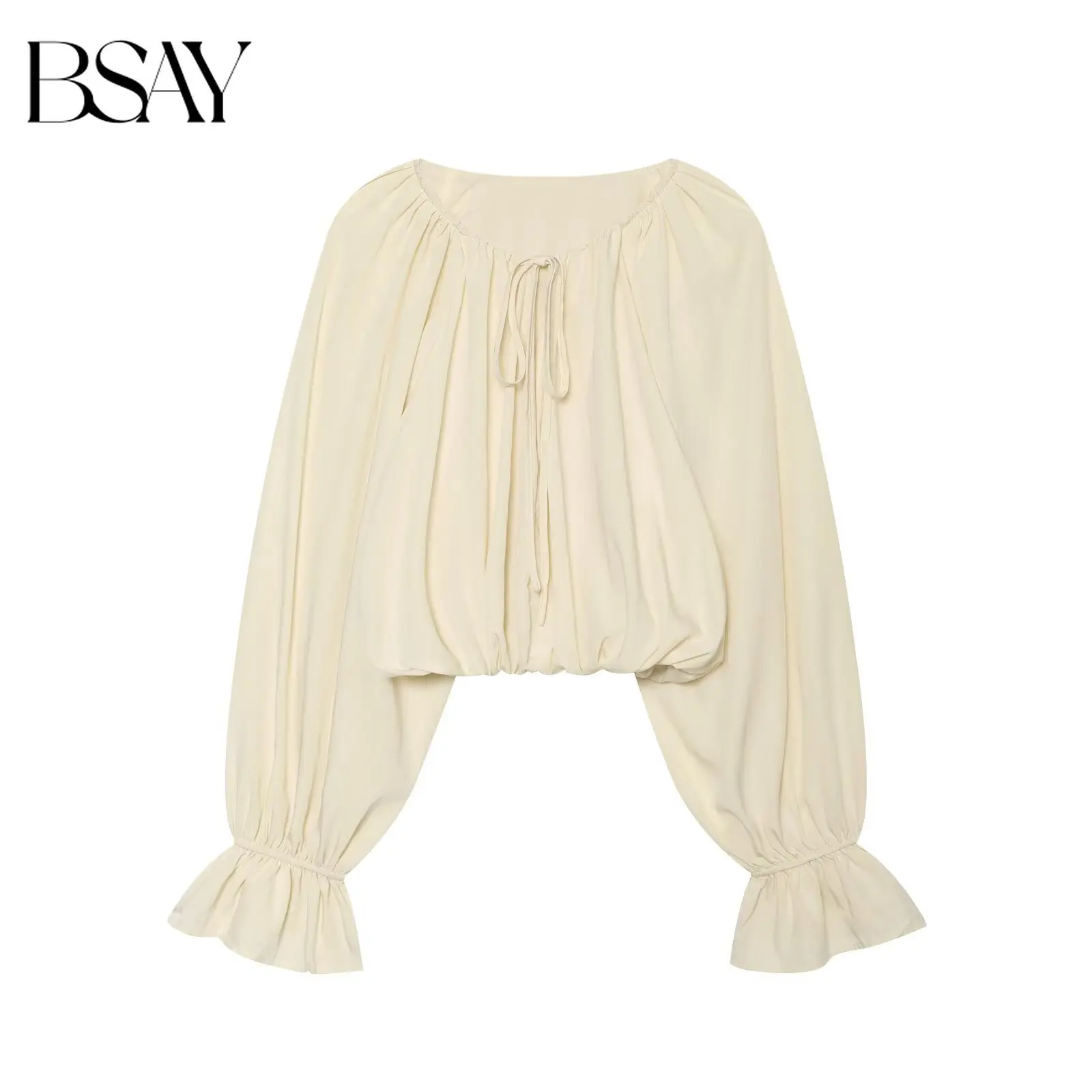 BSAY 2026 New French Boho Style Women Crinkled Lantern Sleeve Blouse Tie Bow Neck Ruffle Flare Cuff Elastic Cropped Casual Shirt