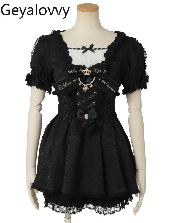 

Костюм Лолиты в японском стиле, новый женский комплект из 2 предметов, кружевное платье с короткими рукавами и шорты с высокой талией, летний комплект