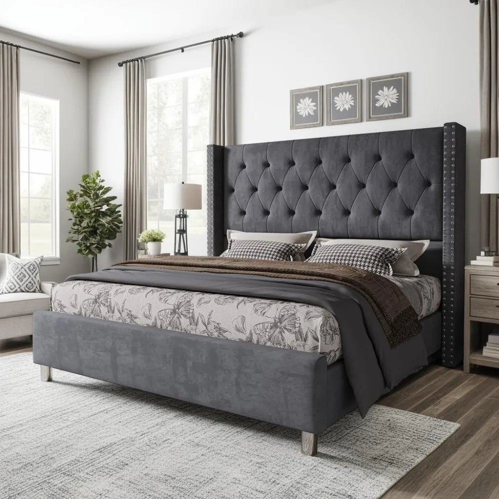 

Bed Frame King Size Velvet Tufted Upholstered Bed Low Profile Platform Bed Raised Wingback Headboard/Wood Slats Support