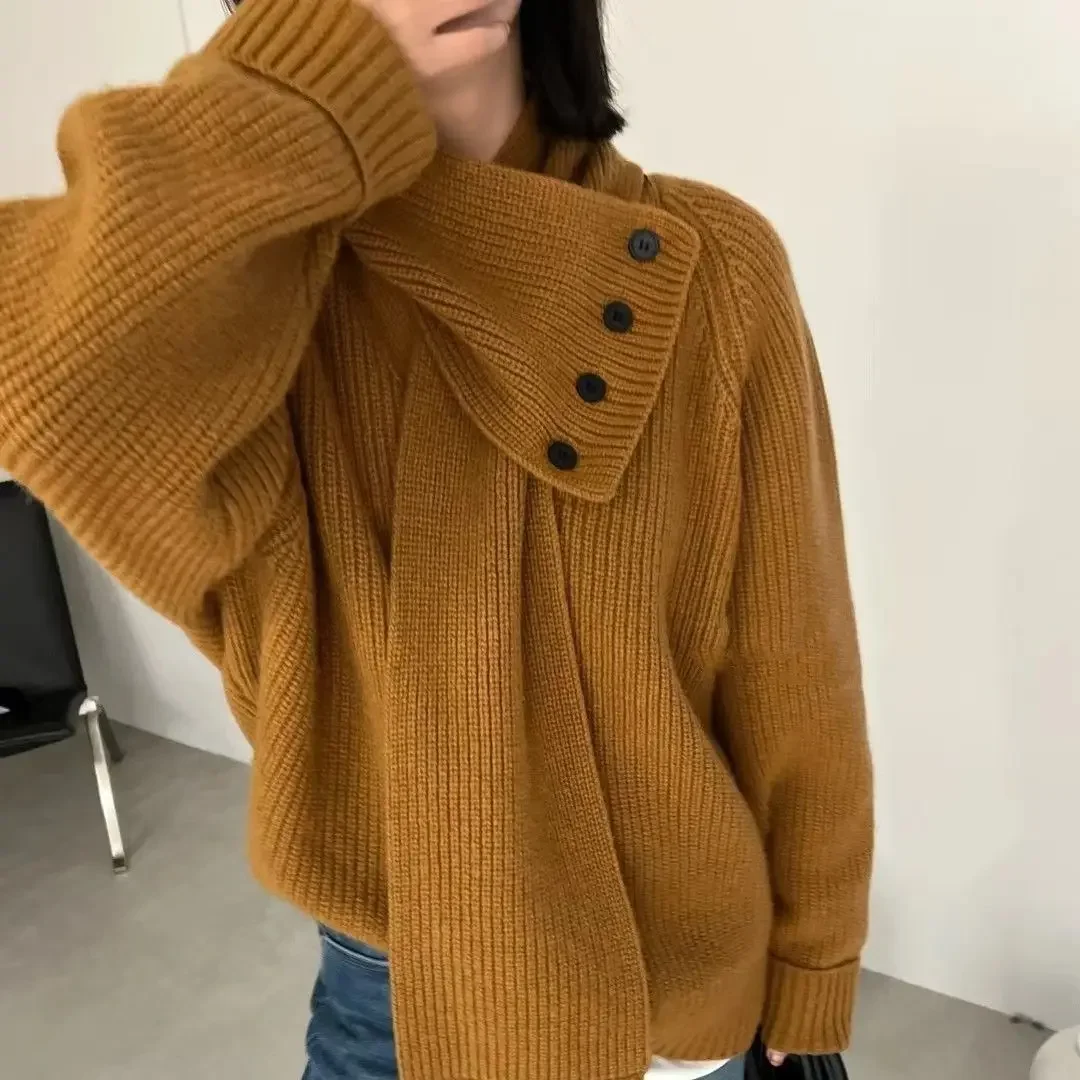 

Design Sense Solid Color Casual Simple Sweater 2025 Autumn Winter New Women's Long Sleeve Button Knitted Top