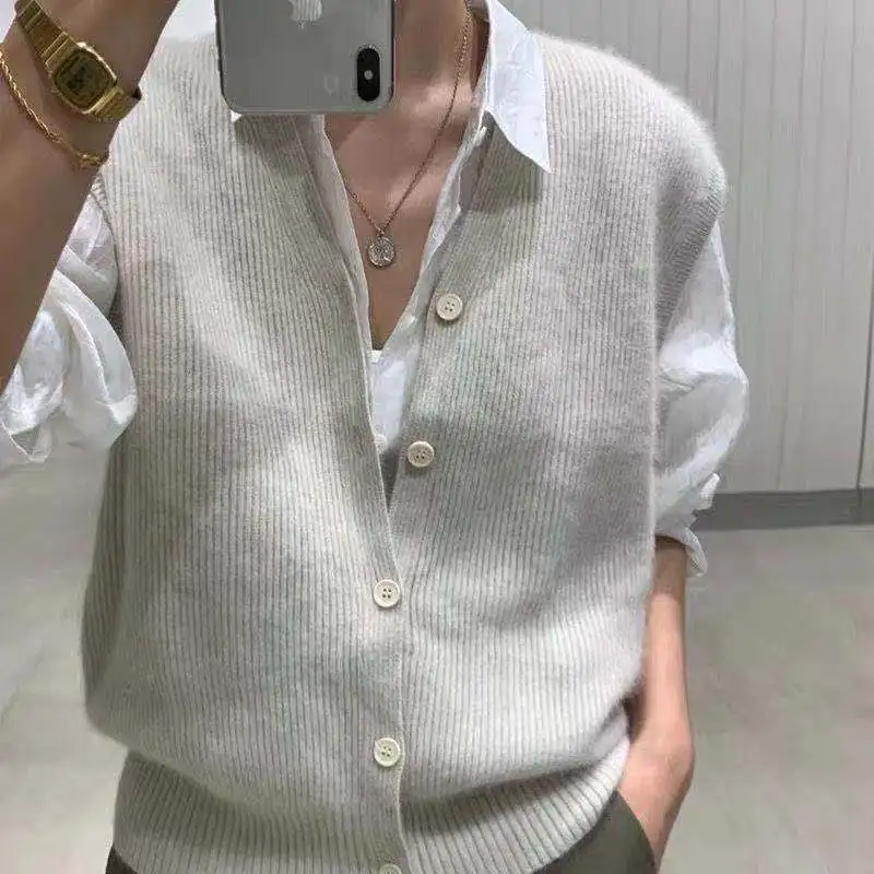 Casual Button Cardigan Vest 2024 Autumn and Winter Warm Knitted Sweater Women Fashion Loose Solid Sleeveless Soft