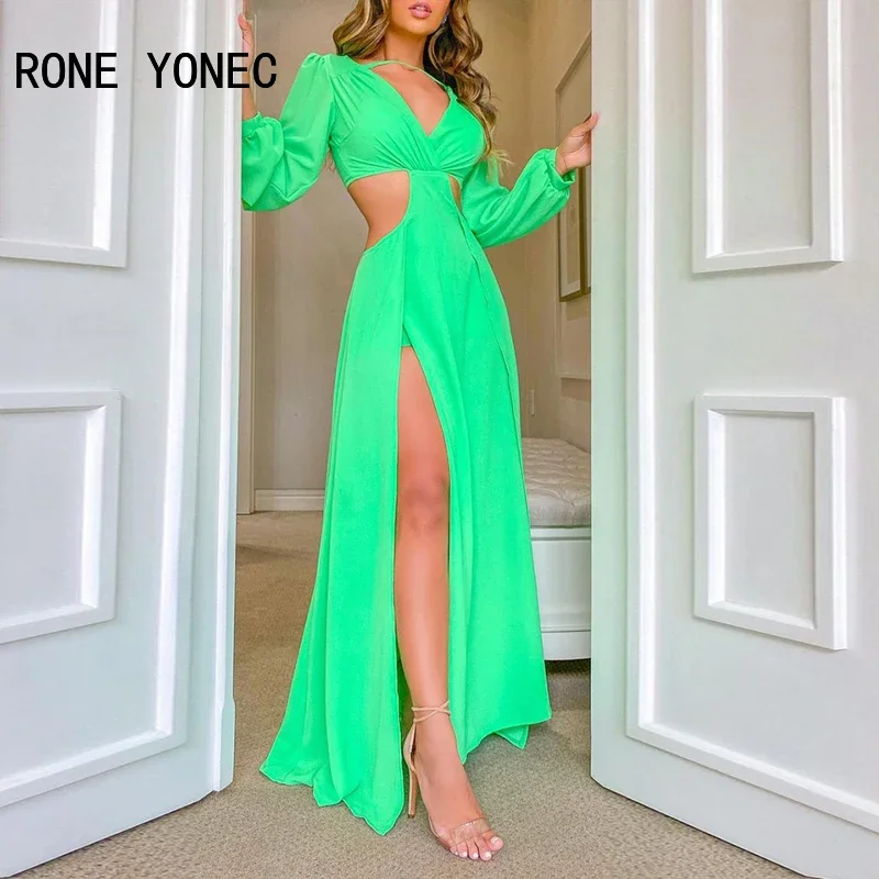 Women Elegant Dress High Slit Cutout Maxi Sexy Dress Pleated Stretch Summer Dress