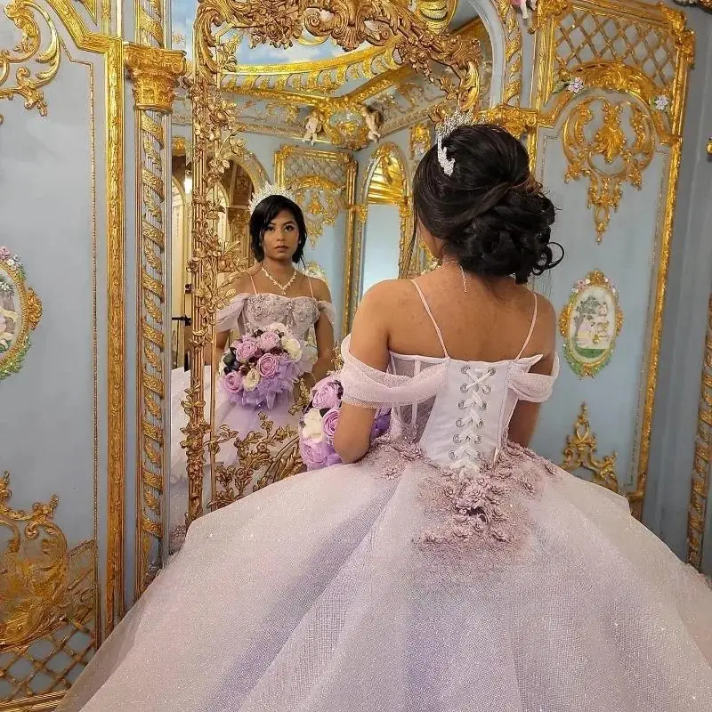 Vestido De quinceañera De princesa champán brillante, tirantes, apliques De flores brillantes, cristales, corsé, 15 Años