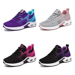 Women Casual Shoes Knit Vamp Air-cushion Sneakers Breathable Mesh Elastic Lace Up Flat Heeled Antislip Soft-Soled Walking Shoes