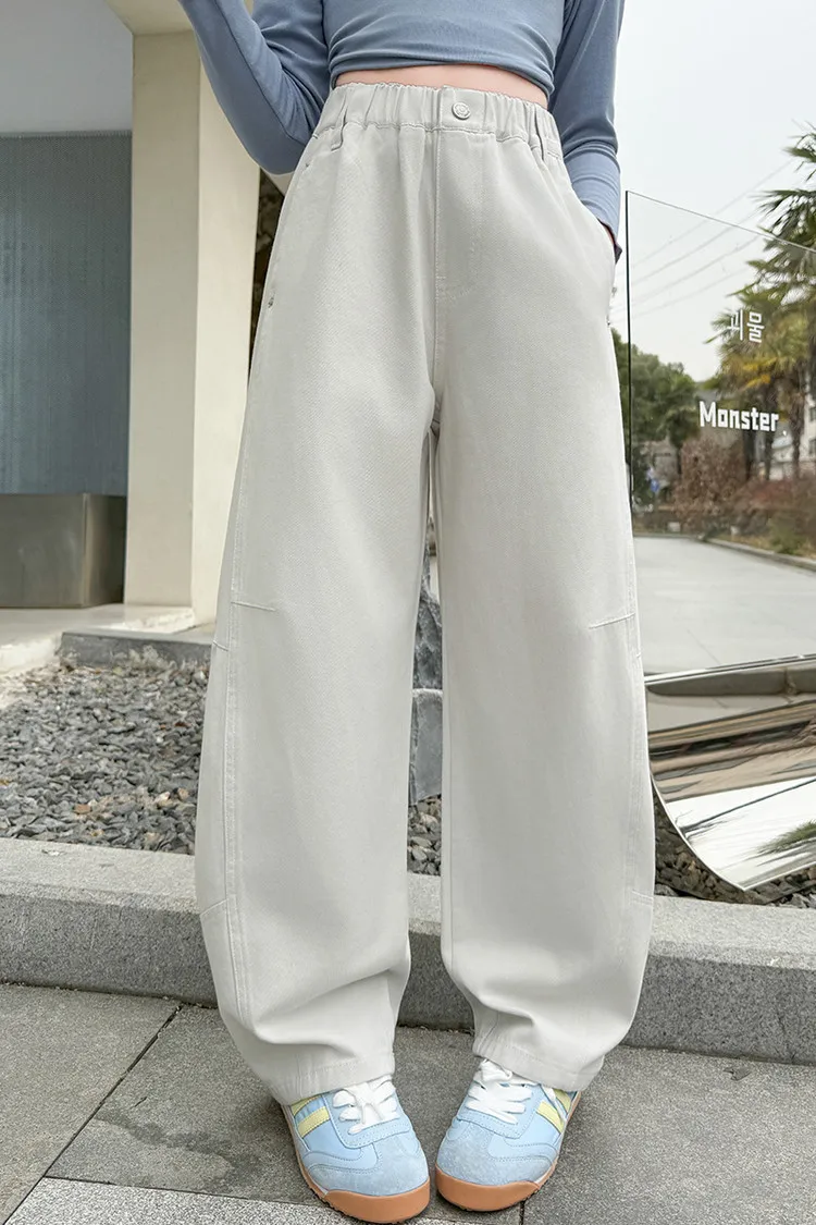 

2025 New Girls Autumn Pants Side-Panel Curved Hem Cotton Pants Wide Leg Trousers for Kids Spring/Fall Fashion Solid Color