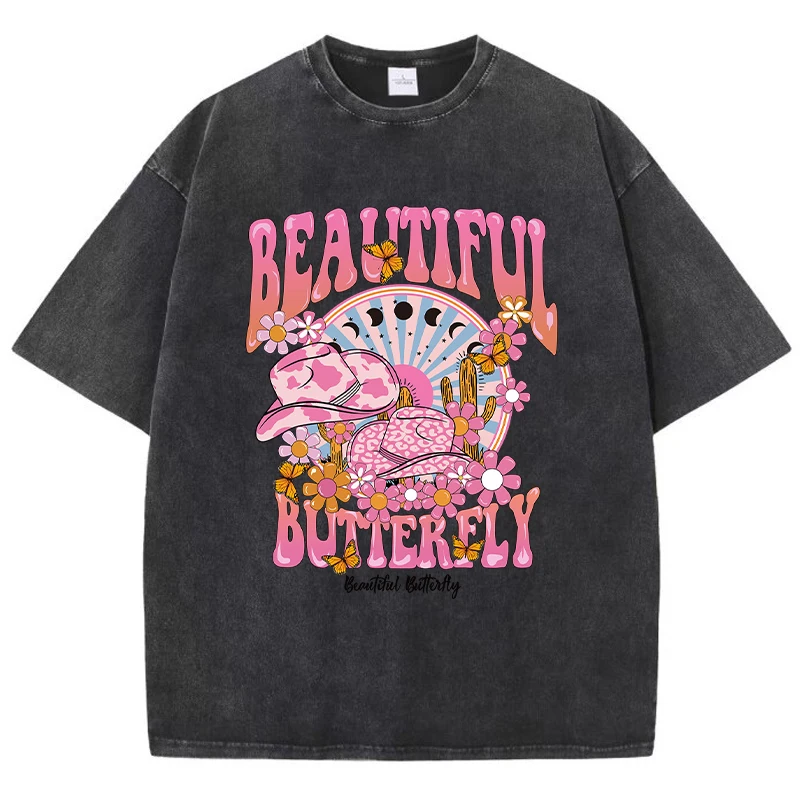 T-shirt lavata in cotone da donna alla moda Un mondo bello e brillante Stampa T-shirt Summer Street Manica corta Abbigliamento femminile oversize