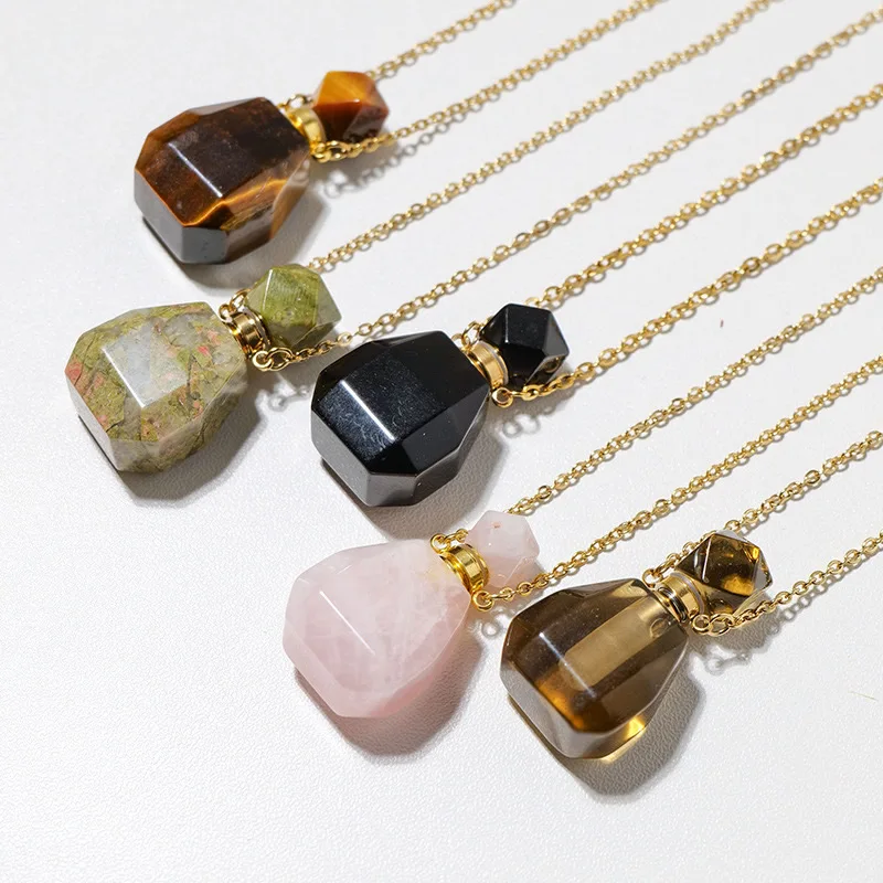 Natural Stone Irregular perfume Bottle Amethyst Tiger Eye Crystal Essential Oil Diffuser Pendant for Men and Women Lucky Jewelry