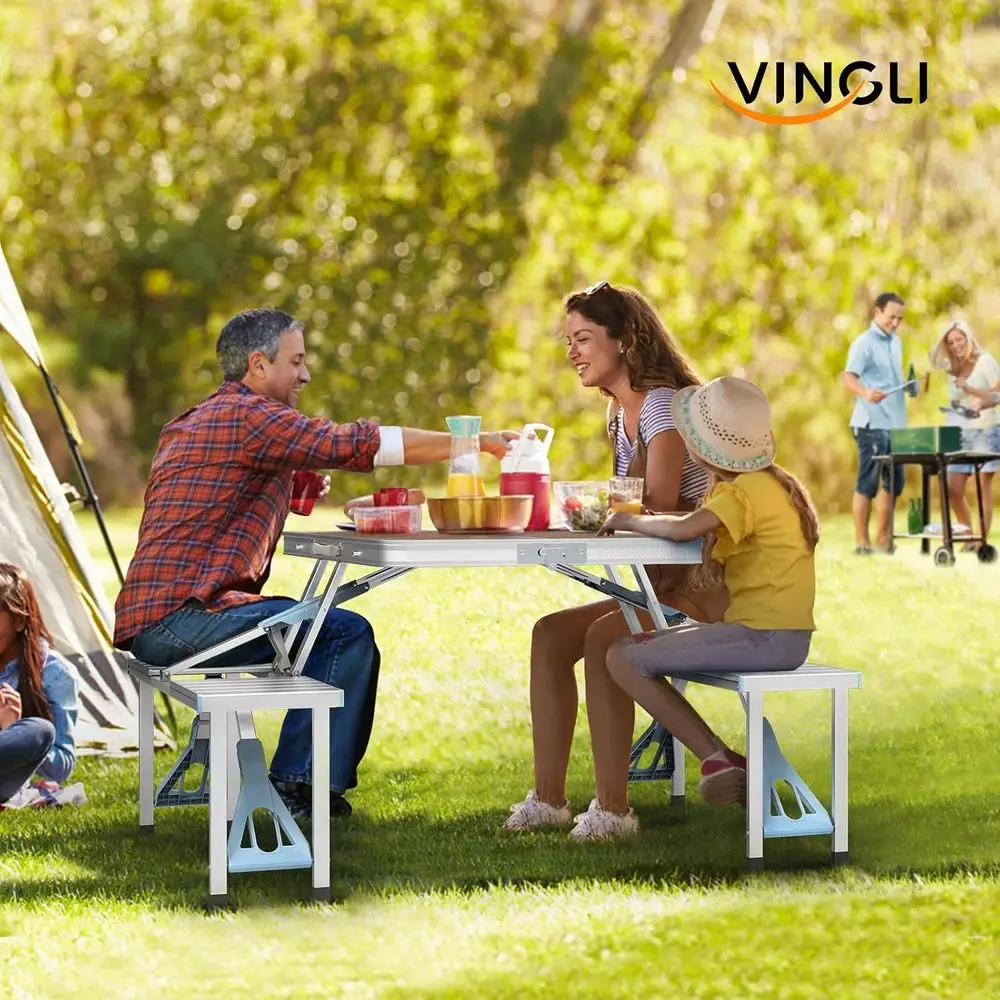 4 t Camping Picnic Table Set with 4 Seats with Umbrella Hole olding Lightweight Suitcase Card Table-220 Lbs Support e, Plastic R
