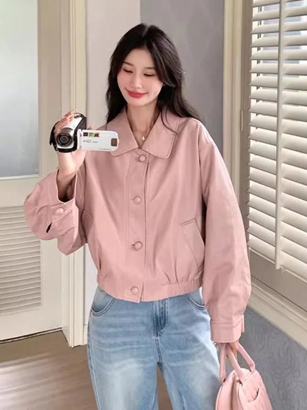 Jaet coreano Sle ort de cuero rosa para mujer, talla pequeña, informal, Batwing Sve, Retro, Biker Jaet, fibra de poliéster, 2025