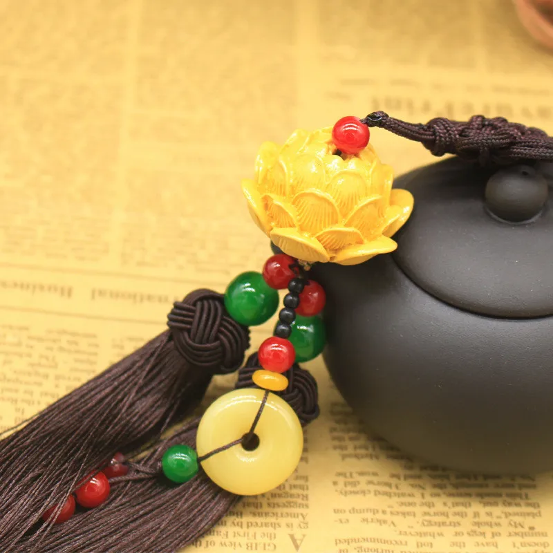 Chinese Knot Natural Obsidian Carved Lotus God of Fortune Amulet Lucky Pendant Silk Tassel keychain Fashion Jewelry 2022