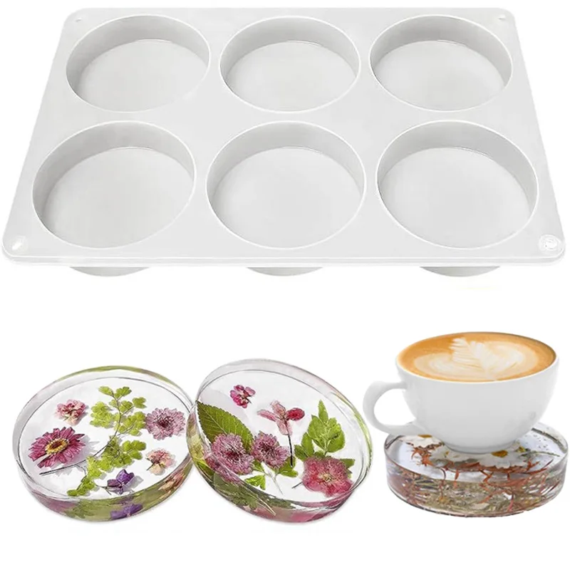 

6-hole deep round coaster moulds, 4-inch coaster silicone moulds for epoxy plaster-cement mixes, flower insect specimen moulds