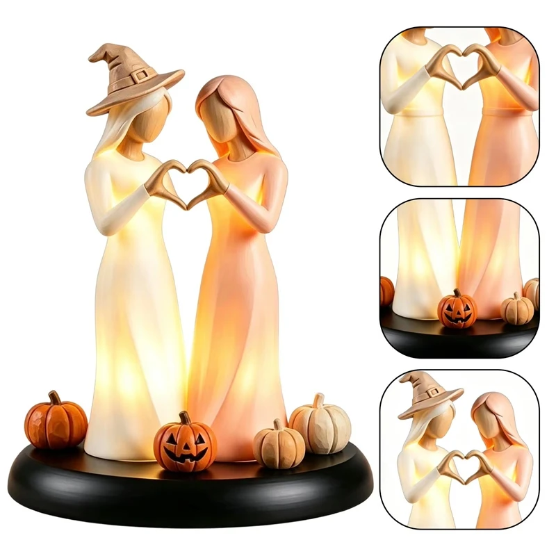 LED Lighted Witch Sisters Resin Figurine Warm Lamp Ornament Halloween Desktop Decor Festival Gift Crafts