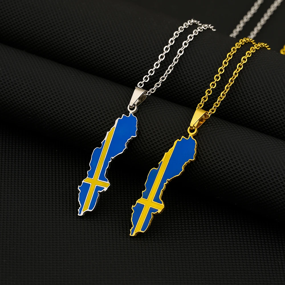 Stainless Steel Enamel Sweden Map Flag Pendant Necklace Unisex Couple Ethnic Patriotic Jewelry Gift Hot Sale European Style