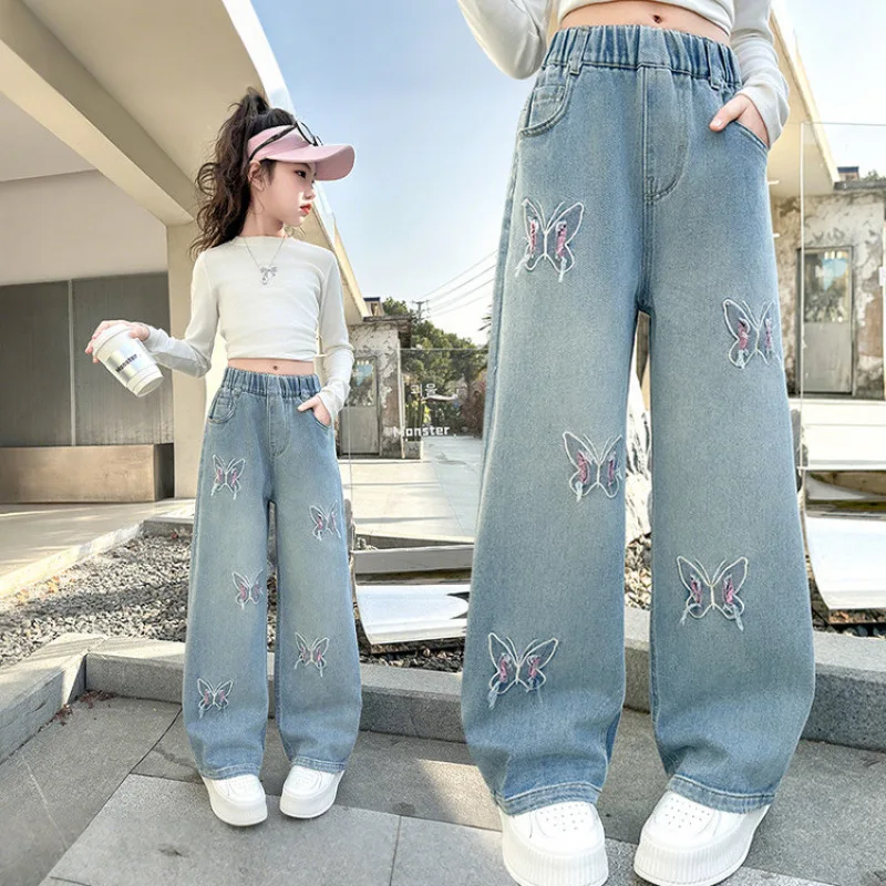 Korean Girl Wide Leg Jeans with Beautiful Butterflies Children High Waist Loose Denim Pants Teenage Casual Jeans Kids Trousers
